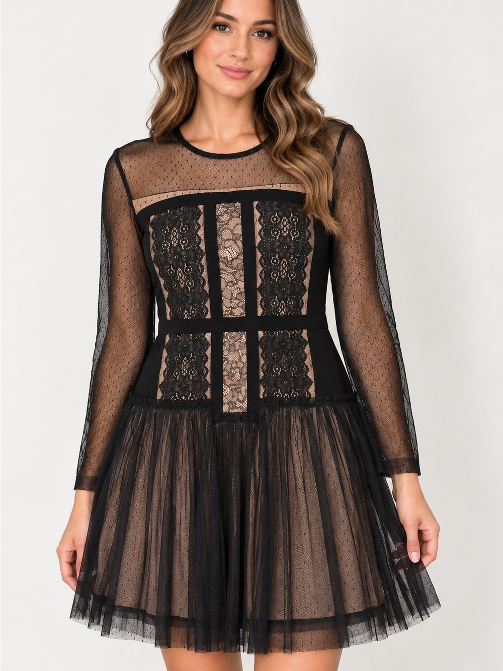 BCBGMAXAZRIA Women’s Black Lace Tulle Dress Size L